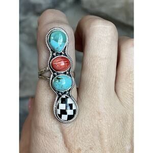 Turquoise Spiny Oyster Sterling Silver Checkerboard Ring Southwestern Adjustable